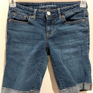 Blue jean shorts, modest, above-the-knee length